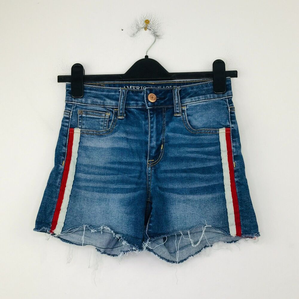American Eagle Women's 0 Denim Shorts Blue Side Stripe Hi-Rise Shortie CE14